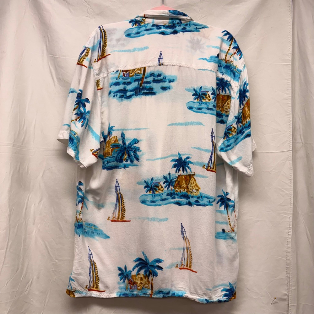 Men's THUMS UP Hawaiian Button Down Shirt L White Blue Tropical - Picture 2 of 8